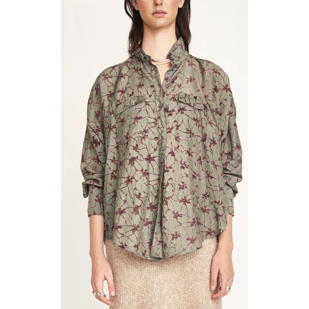 MIRTH Oslo Blouse Shadow Kudzu Green Floral Hand Block Print Silk Cotton S